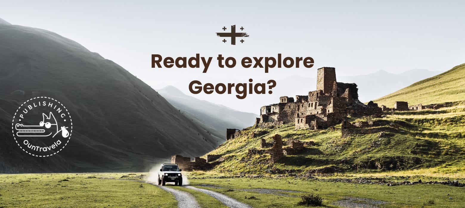 A car drives along a dirt road towards ancient stone ruins on a grassy hillside in Georgia. The French text reads "Prêts à explorer la Géorgie?" with, on the left, a mountain logo and a publisher's stamp.
