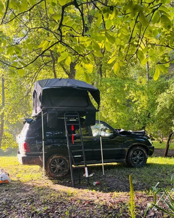 A black SUV with a tent on the roof and a ladder is parked on the grass in a sunny clearing, surrounded by green trees and leaves. Camping equipment is visible near the vehicle.