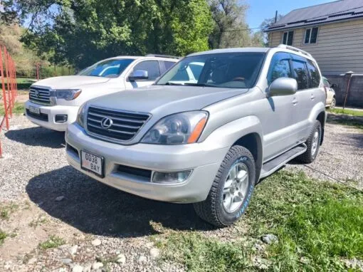 A silver Lexus SUV is parked on a gravel driveway next to a white SUV, with trees and a house in the background on a sunny day.